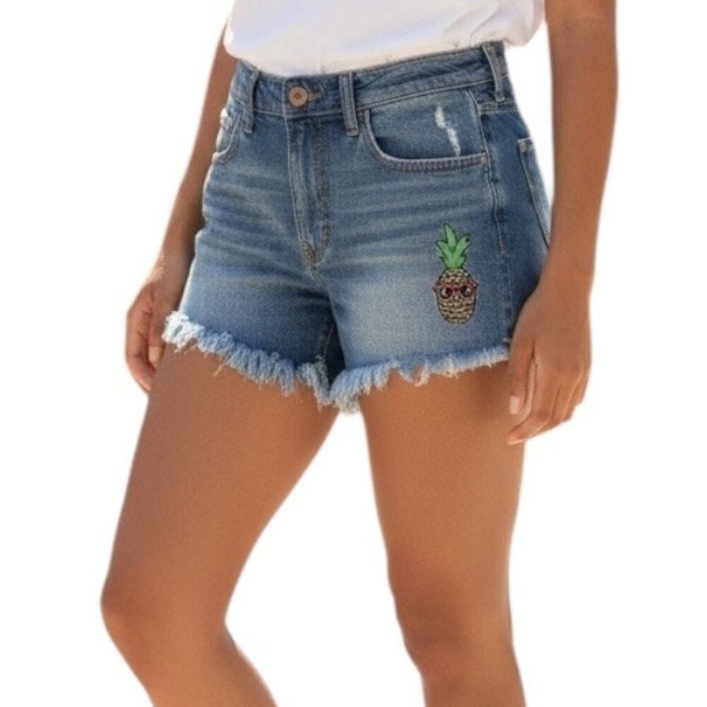 Hollister High Rise Denim Shorts Pineapple Embroidery Y2K Raw Hem Size 7